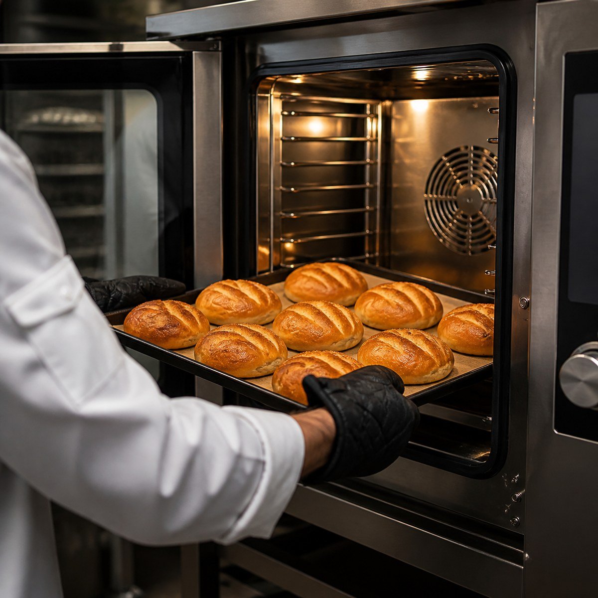 Commercial convection oven baking golden bread