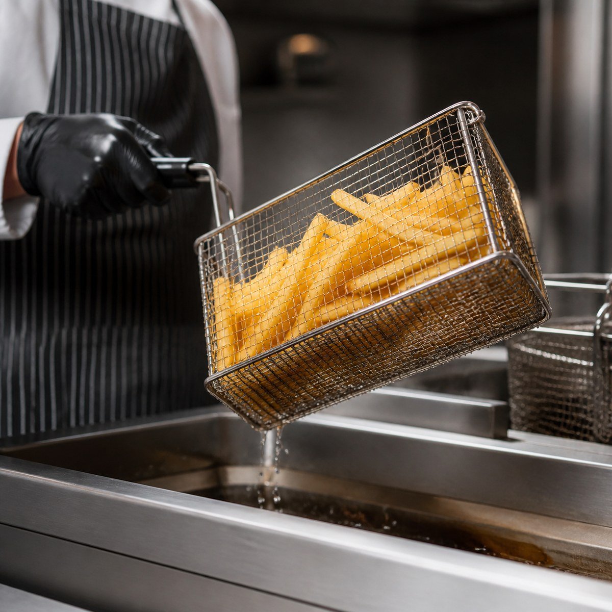 Chef lifting golden fries from a commercial deep fryer
