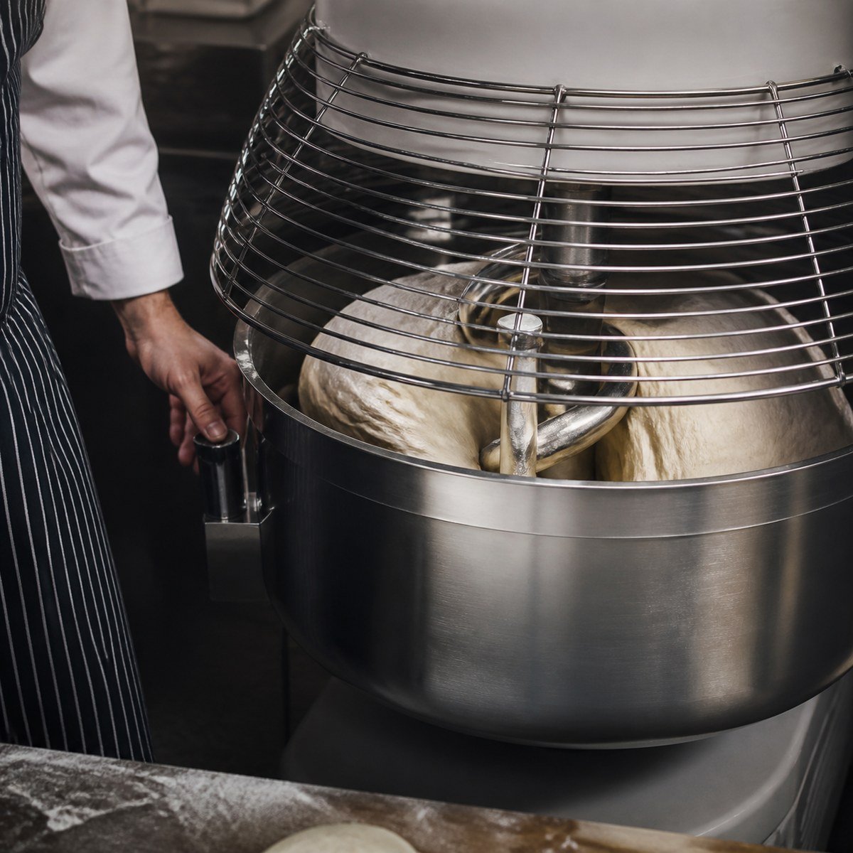 Commercial spiral mixer kneading bread dough