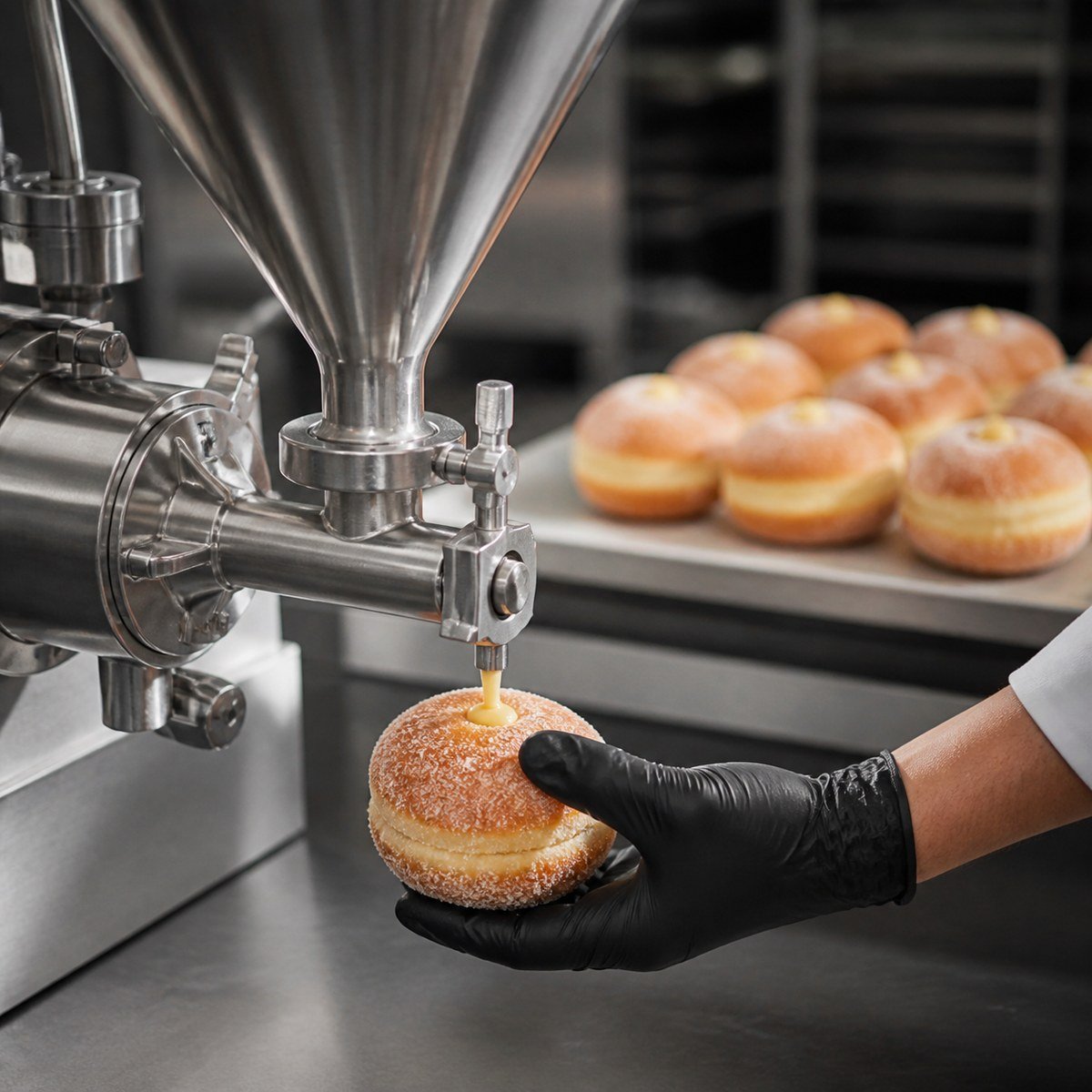 Commercial filling machine injecting custard into a doughnut