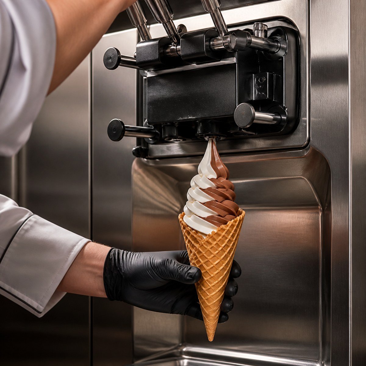 Commercial soft-serve ice cream machine dispensing a twist cone
