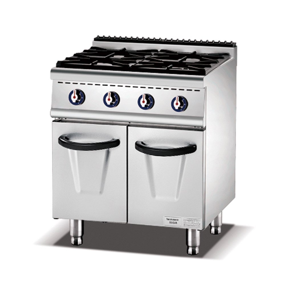 Compact four-burner gas range with cabinet base