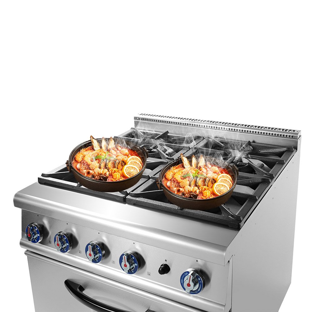 Six-burner gas range with cookware