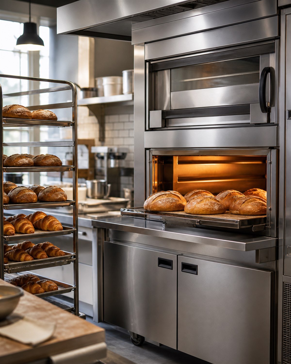 Commercial bakery oven with fresh bread and pastries