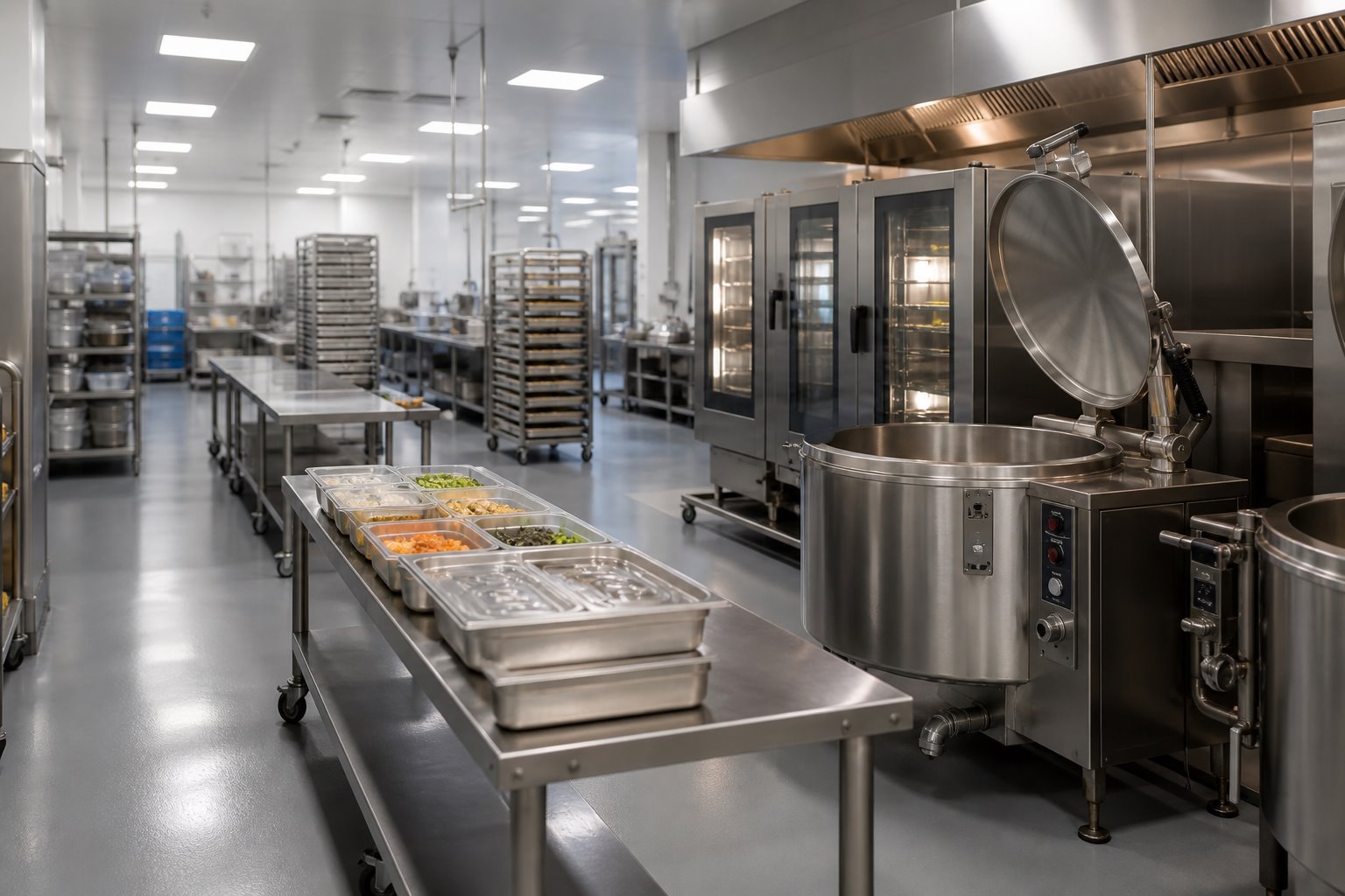 High-volume central production kitchen with industrial cooking equipment